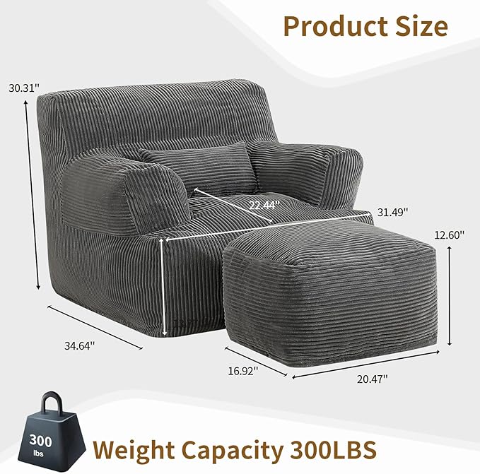Comfy Gaint Bean Bag Chair with Ottoman, Huge Bean Bag Armchair for Adults and Teens, Dark Grey-Ruum Studio Home