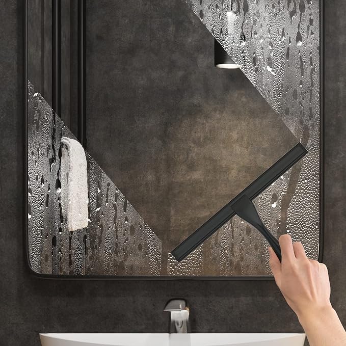 All-Purpose Stainless Steel Shower Squeegee for Shower Doors with 2 Adhesive Hooks, Bathroom Cleaner Tool Household Window Mirror Squeegee for Home Cleaning, Glass Door, Tile Wall, Car, 12 Inch Black-Ruum Studio Home