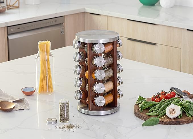 Orii 20 Jar Dark Acacia Wood Spice Rack with Spices Included - Rotating Tower Organizer for Kitchen Spices and Seasonings, (Dark Stained Acacia Wood)-Ruum Studio Home