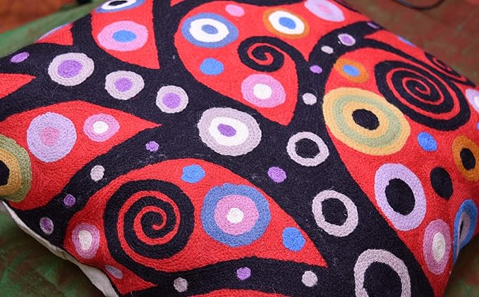 Klimt Tree of Life Pillow Cover | Red Floral Pillowcase | Flower Accent Pillows |Suzani Cushions | Flower Pillows | Modern Floral Cushion Cover | Hand Embroidered Wool Size - 18x18-Ruum Studio Home