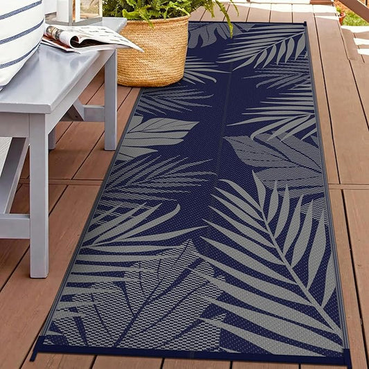 GENIMO Outdoor Rug 2.5' x 8' Waterproof for Patios Clearance, Reversible Outdoor Plastic Straw Camping Rug Carpet, Large Area Rugs Mats for RV, Camper, Deck, Balcony, Porch, Beach, Picnic, Blue&Grey-Ruum Studio Home