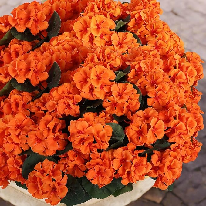 Hananona 12 Pcs Artificial Geranium Flowers for Outdoors Orange Silk Geranium Flowers Outdoor UV Resistant Plants Faux Fall Flower for Home Kitchen Autumn Table Centerpieces Decor (12, Orange)-Ruum Studio Home