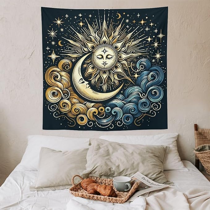HZOHNAGO Sun Moon Tapestry Boho Golden Stars Pattern Printed Wall Tapestry Wall Hanging for Bedroom Living Room Dorm 60" W x 60" H-Ruum Studio Home