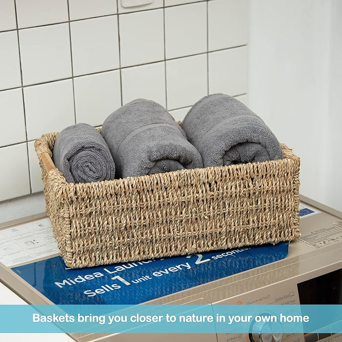 Large Natural Wicker Basket Rectangular with Wooden Handles, Seagrass Storage for Organizing, Shelves 15.5 x 10.6 x 5.5 inches-Ruum Studio Home