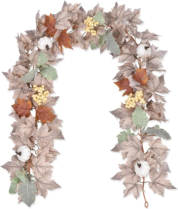 DearHouse Pumpkin Fall Maple Leaf Garland, 6Ft Hanging Vine White Maple Garland Artificial Autumn Foliage Thanksgiving Decor for Home Wedding Fireplace Party Christmas-Ruum Studio Home