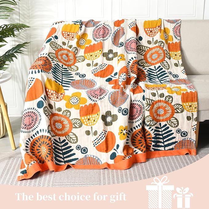 Boho Throw Blanket for Bed - 100% Pure Cotton Ultra Soft Rustic Quilt - Farmhouse Decor Bed Blankets, All Season Rustic Throw for Sofa Couch Chair(91''x 98'', Floral Print 2)-Ruum Studio Home