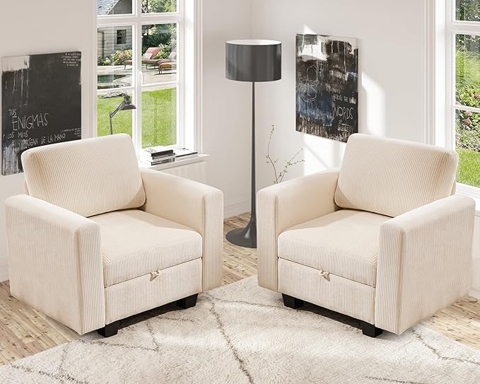 38.5 Oversized Accent Chair with Storage Ivory Corduroy Set of 2, Single Modern Accent Sofa with Arms Chair for Apartment Living Room (21" Deep Seat)-Ruum Studio Home