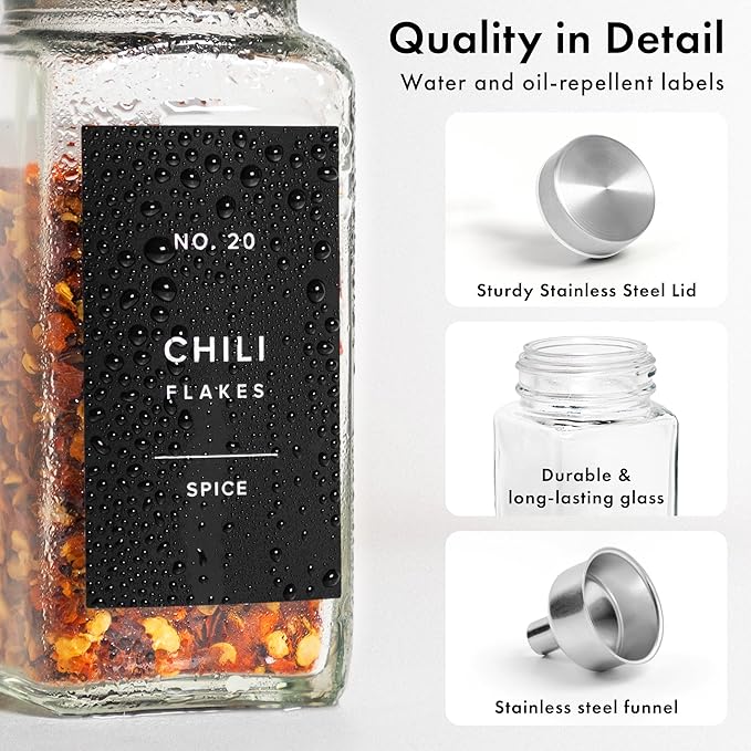 Glass Spice Jars with Labels and Steel Lids (24 x 4oz) Spice Containers with 240 Label, Steel Funnel, Shaker Inserts, Empty Square Seasoning Organizer for Spice Rack, Cabinet, Drawer-Ruum Studio Home