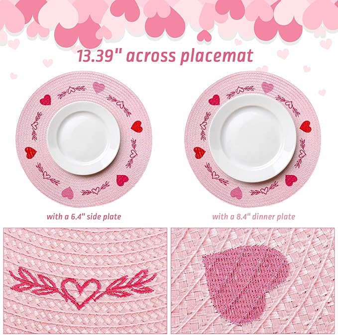 Whaline 4Pcs Round Valentine Placemats Red Pink Heart Embroidered Place Mats Decorative Dinner Table Mats for Home Wedding Anniversary Party Decor-Ruum Studio Home