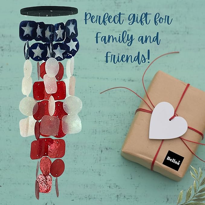 Bellaa 24834 Wind Chimes Outdoor, Garden Decorations, Musical, Indoor/Outside Windchimes, Beach, Ocean Breeze, Gifts for Mom, Gift for All Occasions, Capiz Sea Glass Shells Wood American Patriotic-Ruum Studio Home