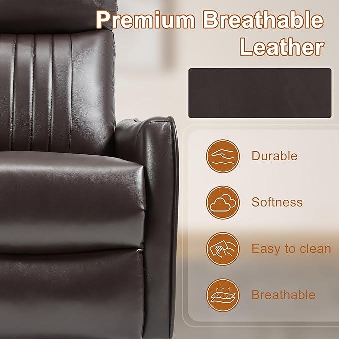Manual Swivel Rocker Recliner Chair for Adults, Overstuffed Reclining Glider Chair for Nursing with Vibration Massage & Heat, Living Room Rocking Recliner 2-Stage backrest, Faux Leather Brown-Ruum Studio Home