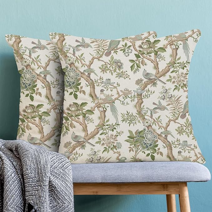 CXMEIFLY Chinoiserie Spring Pillow Covers 20 x 20 Inch Set of 2 for Sage Green Blue Vintage Flowers Bird Decor Throw Pillows Plant Farmhouse Outdoor Decorative Cushion Cases for Couch Bed Decorations-Ruum Studio Home