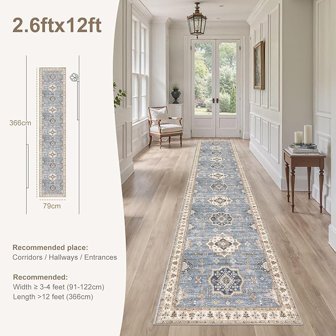 Washable 2.6x12 Runner Rug - Area Rugs Neutral Vintage Distressed Floral Farmhouse Boho Large Soft Floor Rug Indoor Carpet for Hallway Entryway Kitchen Home - Blue-Ruum Studio Home