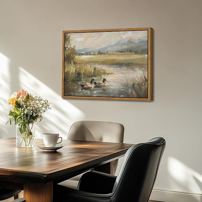 Floating Framed Canvas Wall Art, Vintage Mallard Duck Oil Paintings Print, Countryside Art Wildlife Nature Pond Wall Decor for Living Room, Bedroom, Office, Rustic Decor 16x24 inch-Ruum Studio Home
