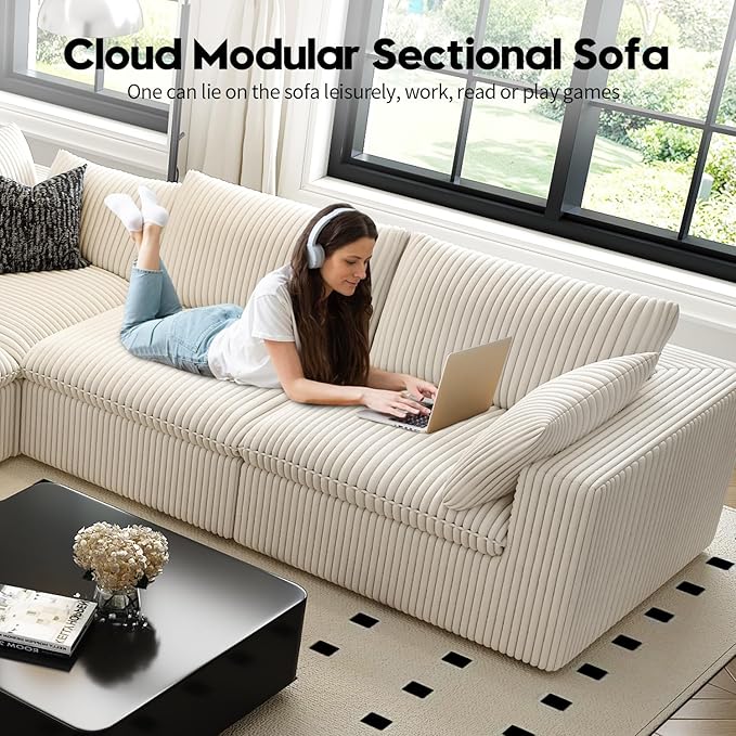 LoveSeat Cloud Couch Modular Sectional Sofa for Living Room,Modern Sofa with Deep Seat，2 Seater Boneless Couch with Ottoman,Comfy Upholstered Couches for Apartment, Studio, Office,Bedroom，White-Ruum Studio Home