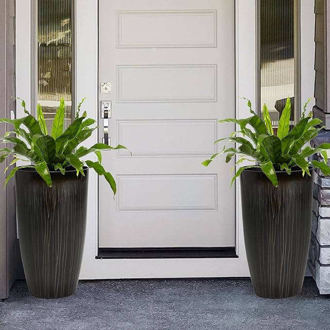 Worth Garden 23.5" H. Large Plastic Planters - Set of 2 Gradient Black Glossy Smooth Finish - Tall Plant Pots for Indoor & Outdoor Use - Decorative Lightweight Flower Pots for Front Porch, Patio, Deck-Ruum Studio Home