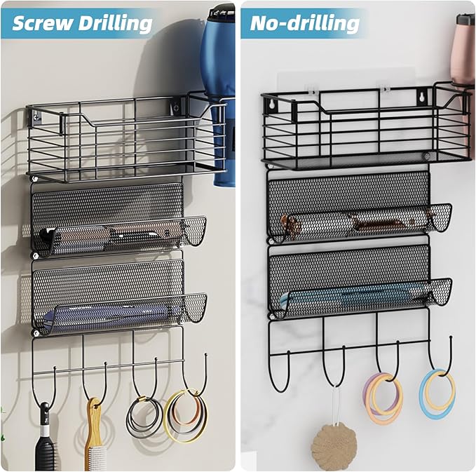 VITVITI Metal Hair Tool Organizer Wall Mount, Hair Dryer Holder with 3 Tier Shelf Basket Hooks, Bathroom Hair Styling Tool Organizer for Curling Iron/Blow Dryer/Straightener, Matte Black-Ruum Studio Home