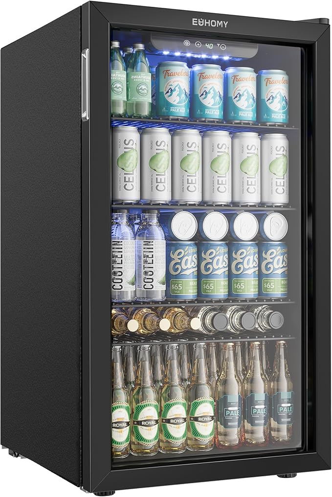EUHOMY Beverage Refrigerator and Cooler, 128 Can Mini fridge with Glass Door, Small Refrigerator with Adjustable Shelves for Soda Beer or Wine, Home/Bar/Office, Black-Ruum Studio Home