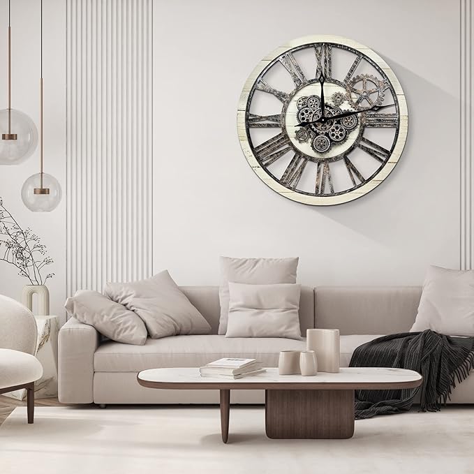 HOIBAI Large Wall Clock, Wall Clocks for Living Room Decor 30 Inch Farmhouse Vintage Rustic Kitchen Wall Decor Vintage Roman Oversized Wall Clock for Home Bedroom House, Moving Gears Clock-Ruum Studio Home