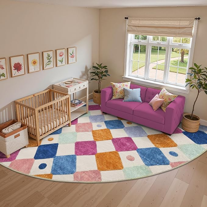 jinchan Kids Rug for Classroom 8ft Radius Corner Washable Area Rug Modern Colorful Quarter Circle Rug Soft Non-Slip Carpet for Nursery Playroom Daycare Reading Nook Living Room Berries on Cream-Ruum Studio Home