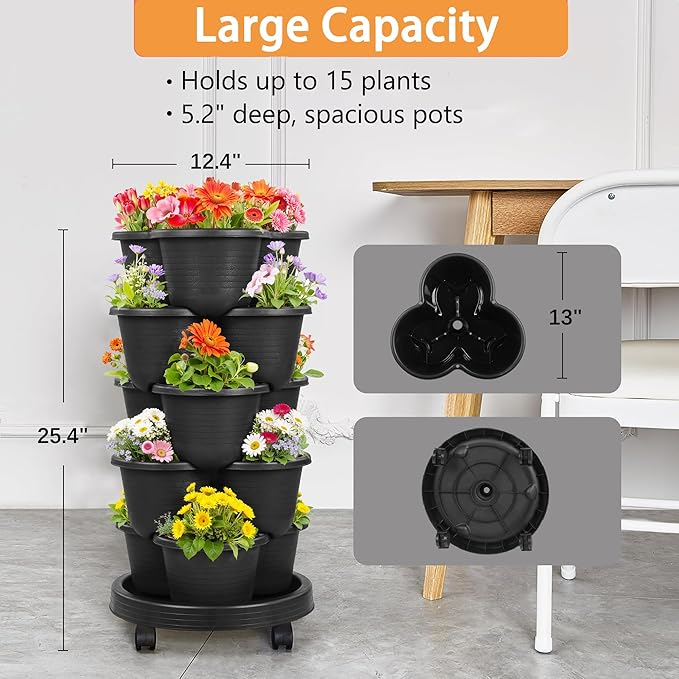 VECELO 5 Tier Vertical Garden Planter, Self Watering Stackable Planters with Wheels for Strawberries, Herbs, Flowers, Vegetables, Black-Ruum Studio Home