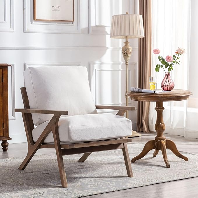 Wahson Mid Century Chair, Upholstered Accent Armchair, with Wood Frame and Removable Linen Cushions, Leisure Slipper Chair for Living Room/Bedroom, Cream-Ruum Studio Home
