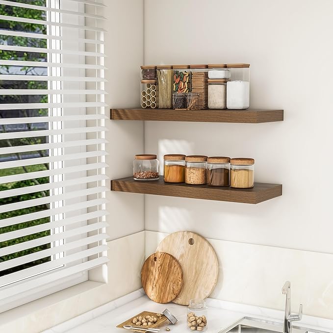 RICHFOCUS 31.5Inch Floating Shelves for Wall 2 Pack Shelves for Bedroom|Kitchen|Bathroom Wall Mounted Rustic Wood Floating Shelf with Invisible Brackets for Books|Storage|Decor, Walnut-Ruum Studio Home
