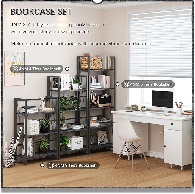 4NM No Assembly Foldable Bookshelf, 5-Shelf Collapsible Bookcase Storage for Small Spaces, 62.2" H, Gray and Black-Ruum Studio Home
