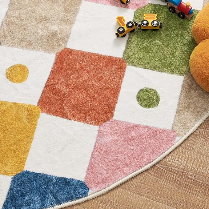 jinchan Round Rug 5ft Kids Washable Rug Indoor Floor Cover Non-Slip Soft Elementary School Classroom Modern Colorful Diamond Carpet for Nursery Daycare Bedroom Playroom Living Room Circus on Cream-Ruum Studio Home