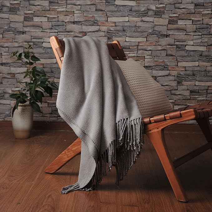 CUDDLE DREAMS Silk Throw Blanket with Hand-Knotted Fringe, Natural, Soft & Breathable (Gray)-Ruum Studio Home