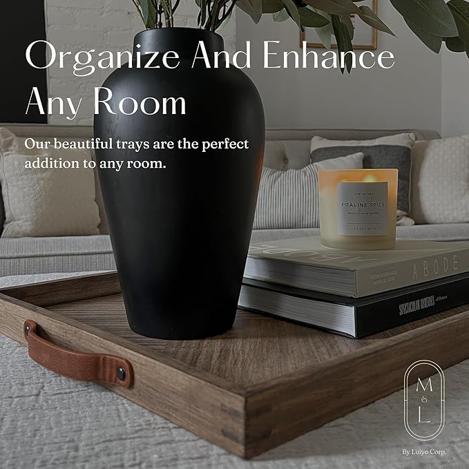 Medium Ottoman Wood Serving Tray- with Leather Handle Decorative Wooden 24 * 16 * 1.5 Inches Square Serving Tray Best for Coffee Table, Living Room and Kitchen-Ruum Studio Home