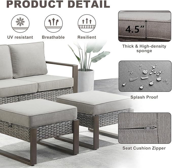 Outdoor Ottoman Wicker Patio Footrest - 2 Piece Wicker Footrest Footstools Set with Sturdy Frame,All-Weather PE Wicker, Thick Cushions for Deck Porch Garden(Mixed Grey/Grey)-Ruum Studio Home