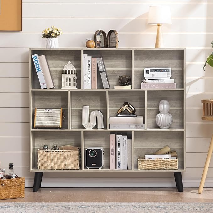LEYAOYAO 10 Cube Bookshelf,3 Tier Modern Wide Bookcase with Legs,Mid-Century Wood Bookshelves Storage，Retro Grey Large Book Case,Freestanding Organizer Display Shelf for Bedroom,Living Room,Office-Ruum Studio Home