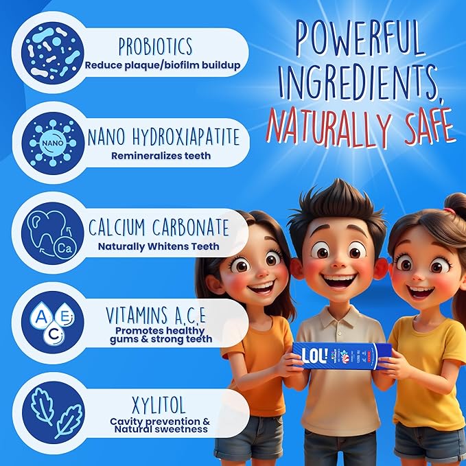 LOL Kid Toothpaste Fluoride Free, Nano Hydroxyapatite Toothpaste Kids, Probiotics & Xylitol Tooth Paste Kids | Remineralizing | Natural | Plant-Based Foam | Pasta De Dientes para Niños (Peppermint)-Ruum Studio Home