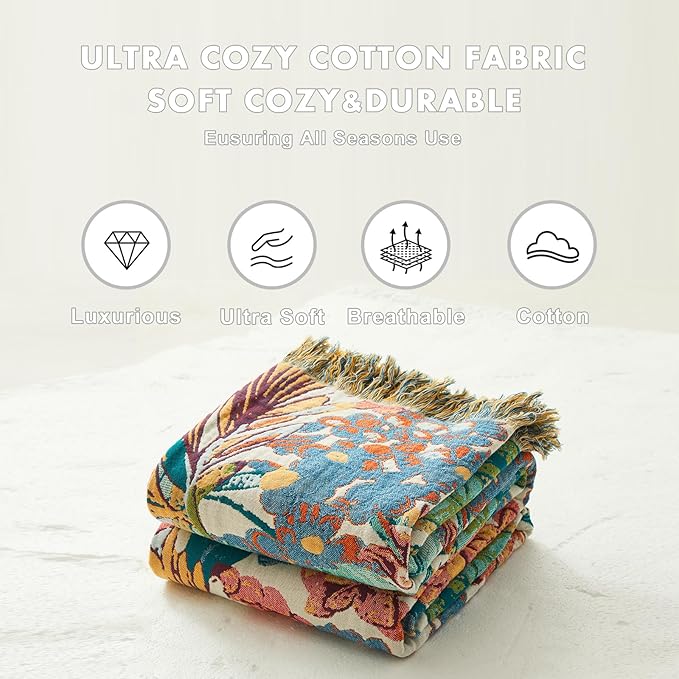 MSGKV Boho Throw Blanket for Bed Twin Size Cotton Muslin Breathable Vine Blanket 60"x80" Sofa Couch Blankets for All Seasons Lightweight Farmhouse Blankets Boho Home Decor-Ruum Studio Home