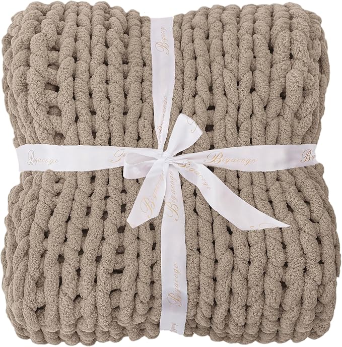 Bigacogo Chunky Knit Throw Blanket for Couch, 80x90 inches, 100% Hand Knitted with Thick Jumbo Chenille Yarn, Cozy Soft Large Rope Knot Cable Crochet Blankets for Sofa Bed Living Room, Taupe-Ruum Studio Home