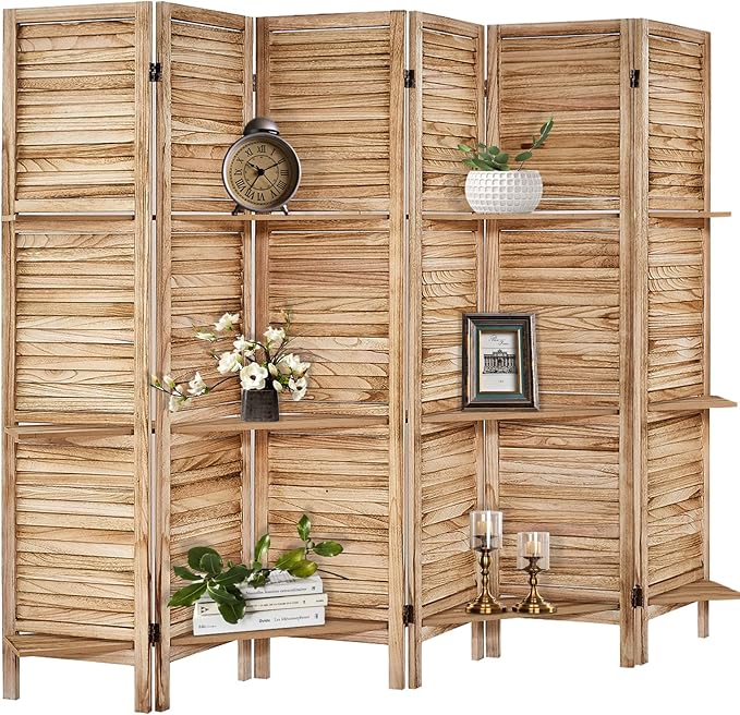 Room Divider with Shelves, Privacy Screen, Room Dividers and Folding Privacy Screens, 6 Panel Wood Temporary Wall Partition Separation Separator, Natural-Ruum Studio Home