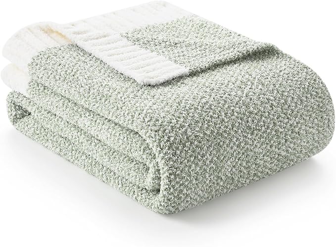 Snuggle Sac Heather Sage Green Blanket for Couch, Reversible Super Soft Knitted Blankets Warm Cozy Fuzzy Plush Throw Blankets for Sofa, Bed, Camping, Sage Green, 60x80 inches-Ruum Studio Home