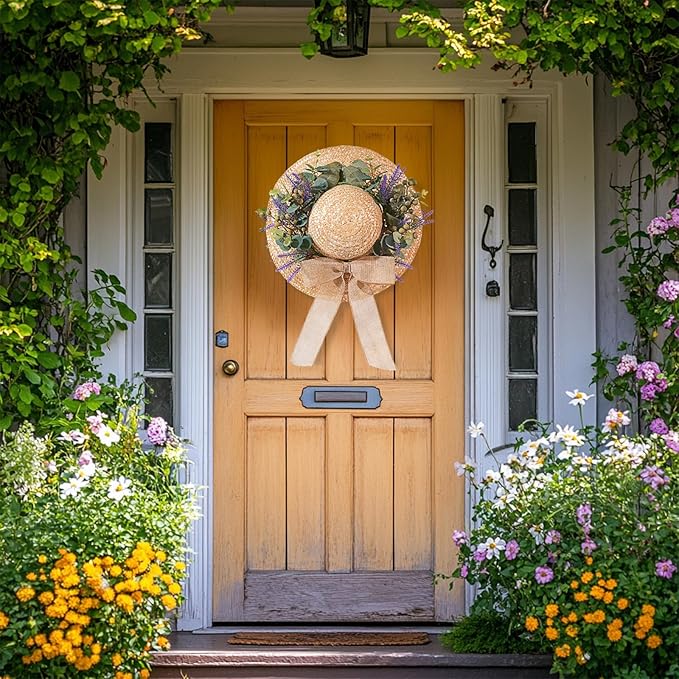 Dilicoming Spring Eucalyptus Wreaths for Front Door - 16 Inch Summer Fall Straw Hat Wreath with Bow, Women Gift, Indoor Outdoor Wreaths for Wall, Window, Farmhouse, Party, Holiday Home Décor-Ruum Studio Home