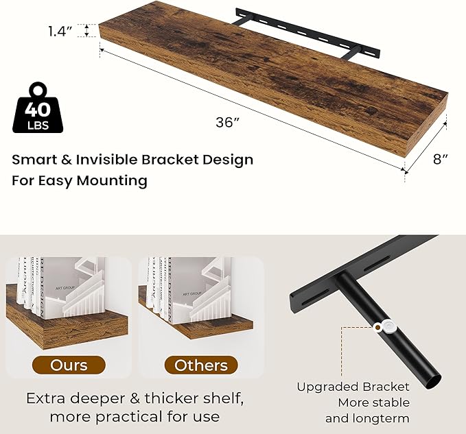 36 inch Floating Shelves Wall Shelves for Office with Invisible Brackets, 8 inch Deep Shelves for Bathroom, Living Room, Kitchen, Office, 36x7.9 inch deep Set of 2, Brown-Ruum Studio Home
