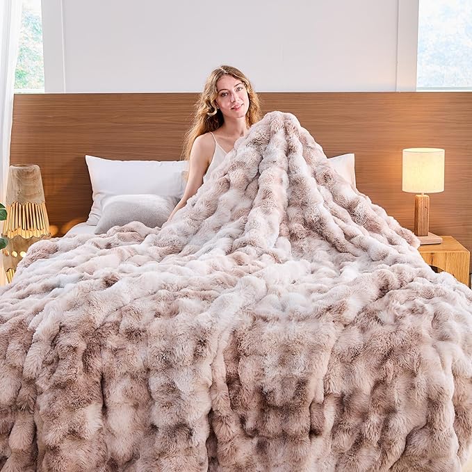 Lotus Karen Faux Fur Throw Blanket Tie-Dye Beige - Big Bubble Rabbit Fluff Blanket for Couch, Small Fluffy Fuzzy Cozy Blankets,Thick Furry Plush Shaggy Blankets,50x60 Inches-Ruum Studio Home