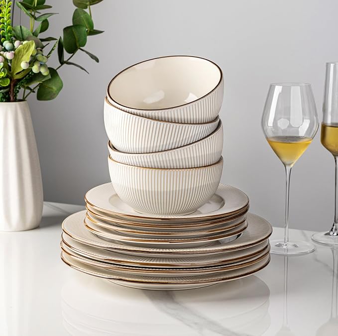 GBHOME Ceramic Dinnerware Sets,12 pcs Embossed Elegant Stoneware Plates and Bowls Sets, Housewarming Wedding Gift | Dishwasher & Microwave Safe | Dishes Set Service for 4-Ruum Studio Home
