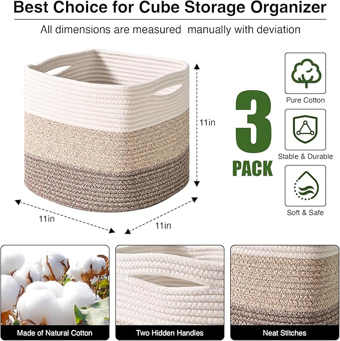 11 Inch Cube Storage Bins, Storage Cube Organizer Bins, Woven Cotton Rope Baskets for Storage, Storage Basket for Organizing Shelves, Square Baskets for Toys, Gradient Brown (Pack of 3)-Ruum Studio Home