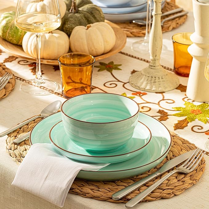 Sweese Plates and Bowls Sets, 18 Piece Dinnerware Set Porcelain Round Dinner Set for 6, Scratch Resistant Dishes Set, Dishwasher and Oven Microwave Safe Handpainted Swirl Dishware Sets, Assorted Blue-Ruum Studio Home