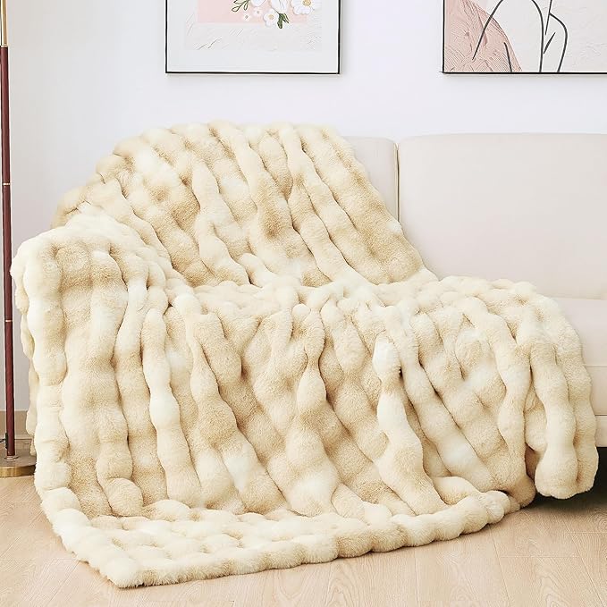 Tie-dye Camel Faux Fur Rabbit Thick Throw Blanket for Couch Living Room 50x60 Fluffy Bed Furry Comforter Soft Blanket Best Housewarming Home Gifts 860 GSM-Ruum Studio Home