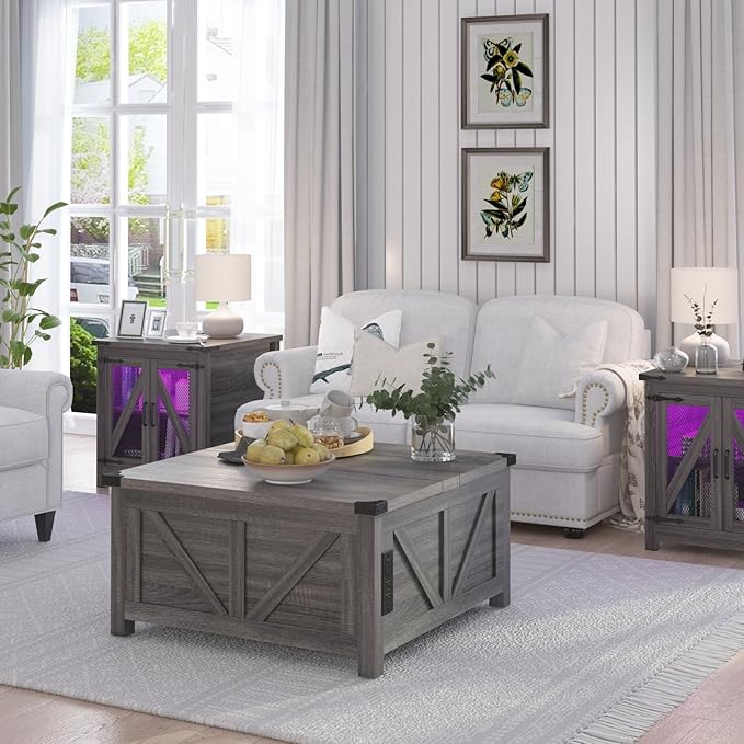 Farmhouse End Table, 24" Large Sofa Side Table with Charging Station, Mesh Barn Door, and Adjustable Storage Shelf, Rustic Wood Square Nightstand for Living Room, Bedroom, Office, Grey-Ruum Studio Home