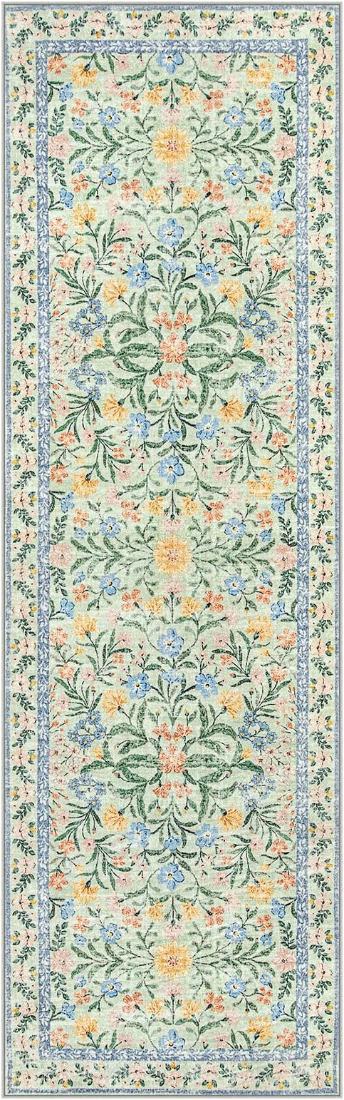 Wonnitar Washable Runners for Hallways, 2'6''x8' Floral Green Runner Rug for Kitchen Bathroom, Boho 8ft Non Silp Extra Long Rugs for Entryway Bedroom Laundry-Ruum Studio Home