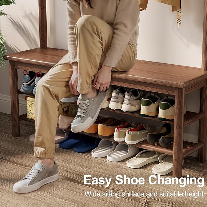 Coat Rack with Shoe Storage, Wooden Hall Tree with Bench, 11 Hooks and 2-Tier Storage Shelves, 3-in-1, Entryway Bench with Coat Rack (39.3"-Walnut)-Ruum Studio Home