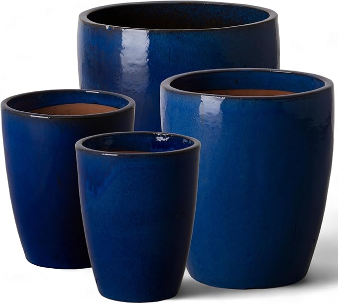 Emissary Bullet 14 in. Blue Ceramic Round Planter (14 in. L x 14 in. W x 15.5 in. H) with Drainage Hole-Ruum Studio Home