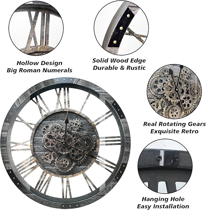 DORBOKER 27" Real Moving Gears Large Wall Clock with Toughened Glass Cover, Giant Wood Farmhouse Clock, Oversized Vintage Industrial Rustic Clock for Living Room Decor Home Kitchen (Carbon Grey)-Ruum Studio Home